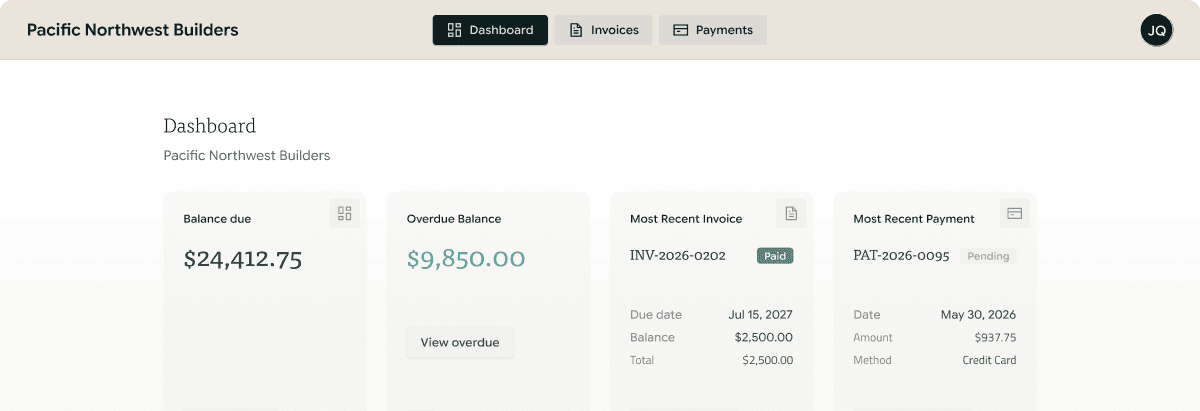 Customer portal dashboard showing invoices and payments for Pacific Northwest Builders